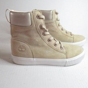 Timberland Womens Sneaker Boots Beige Leather Padded Cuff Logo Ankle Lace Up 7